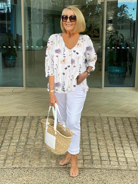 Valeria | Bluse aus Baumwolle und Leinen mit Blumenmuster