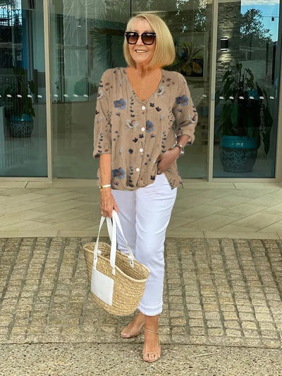 Valeria | Bluse aus Baumwolle und Leinen mit Blumenmuster